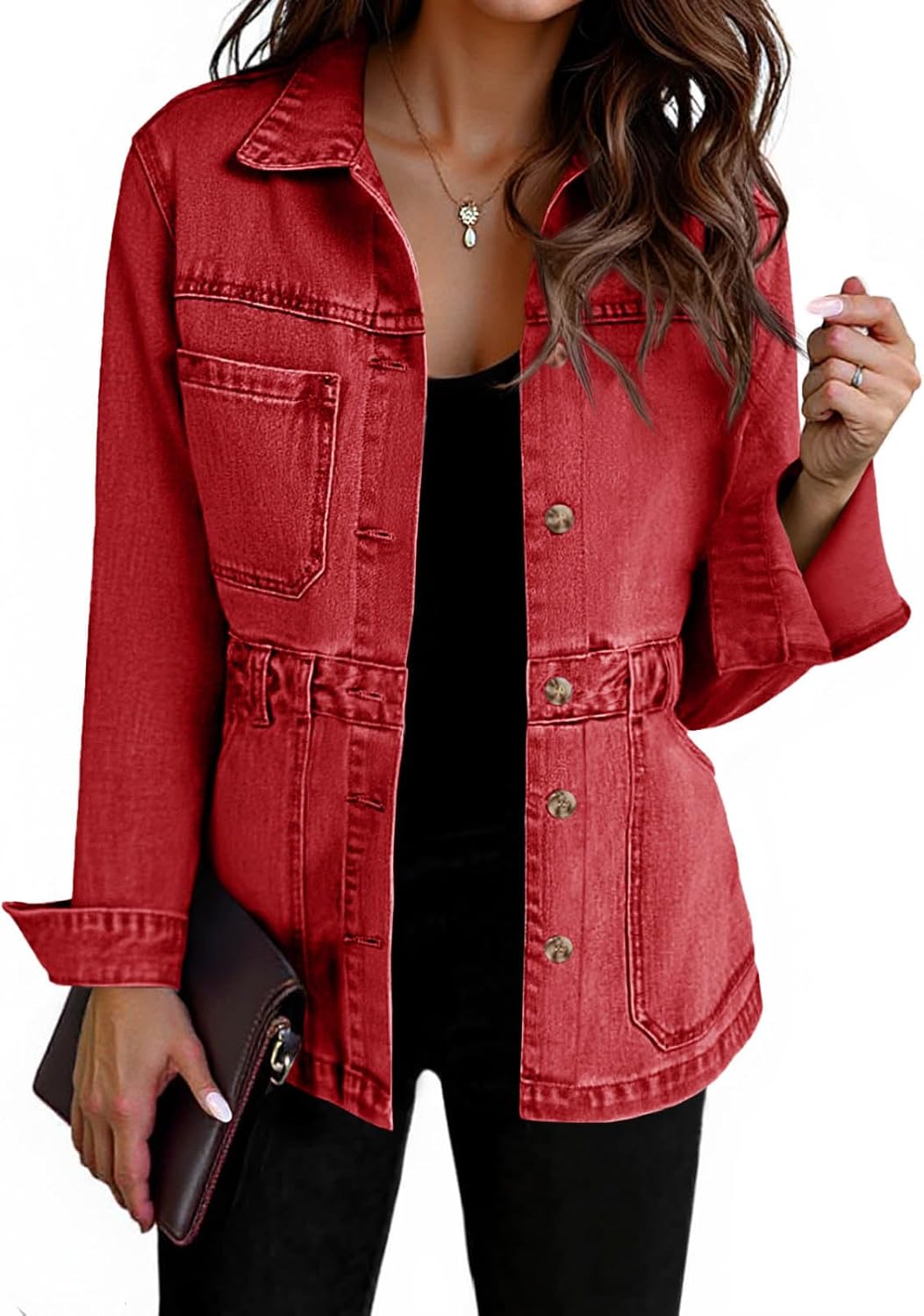 Tankaneo Denim Jacket for Women Distressed Jean Jacket Button Down Oversized Shacket with Pockets