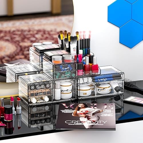 Miniatura 8 de Organizador de maquillaje acrílico transparente, organizador apilable para el cuidado de la piel con 8 cajones, organización grande de accesorios de
