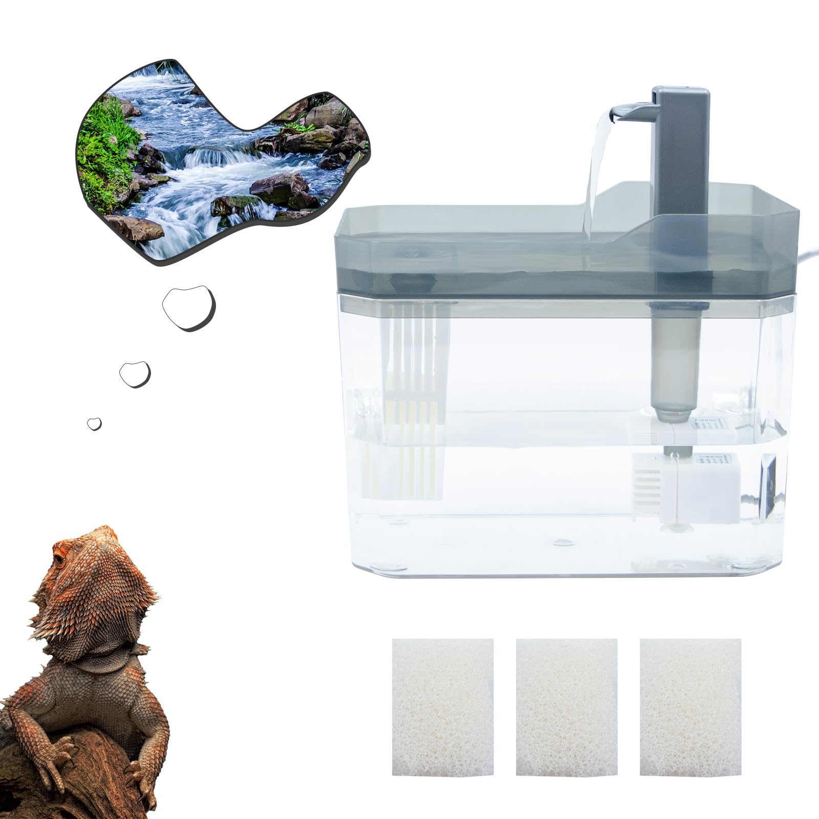 BingegePet Reptile Water Bowl with Filtration System, Lizard Drinking Fountain, Bearded Dragon Tank Accessories, Reptile Habitat Waterfall for Bearded Dragon, Leopard Gecko, Chameleon, Snake
