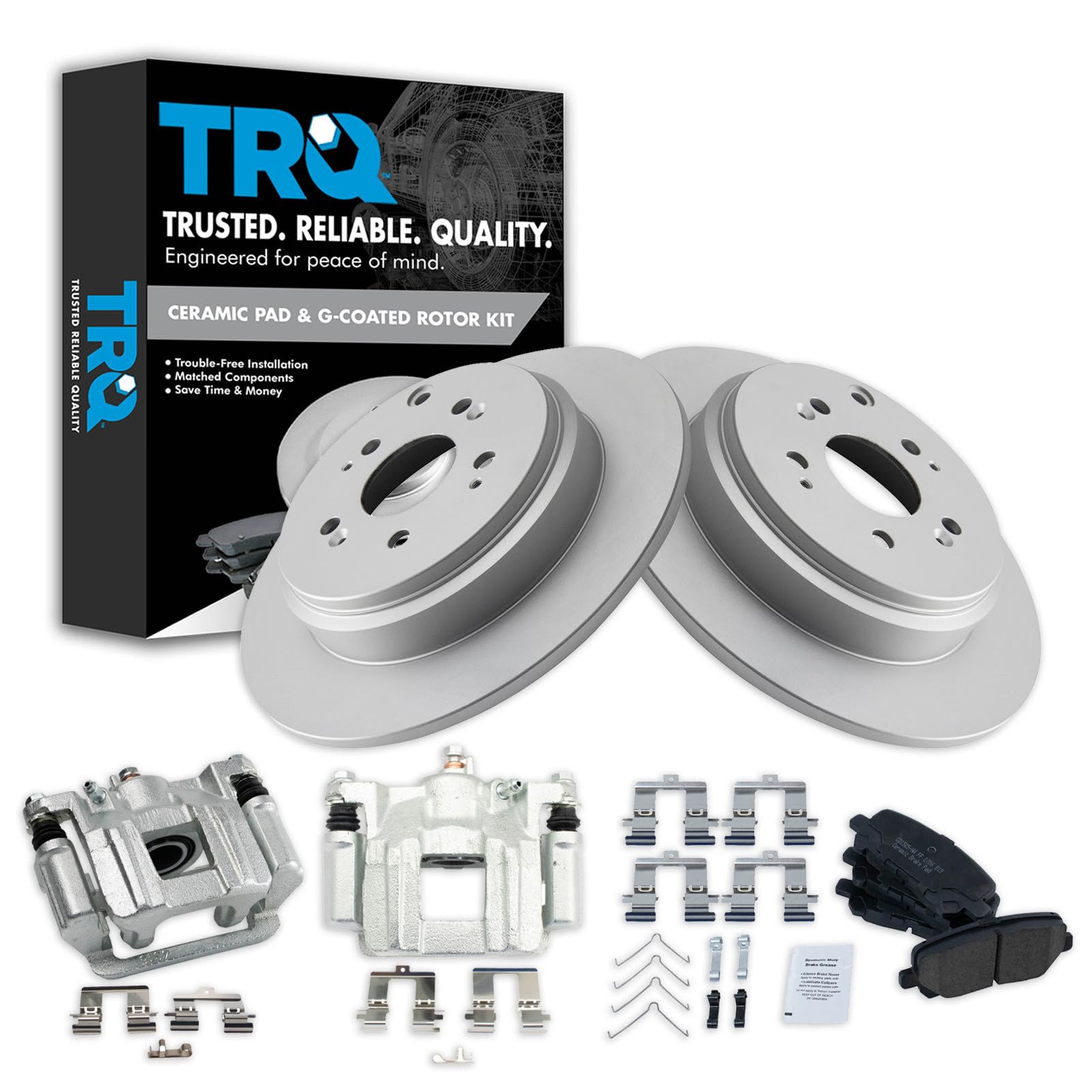 TRQ Rear Brake Pad and Rotor Set Ceramic Solid Rotors Calipers
