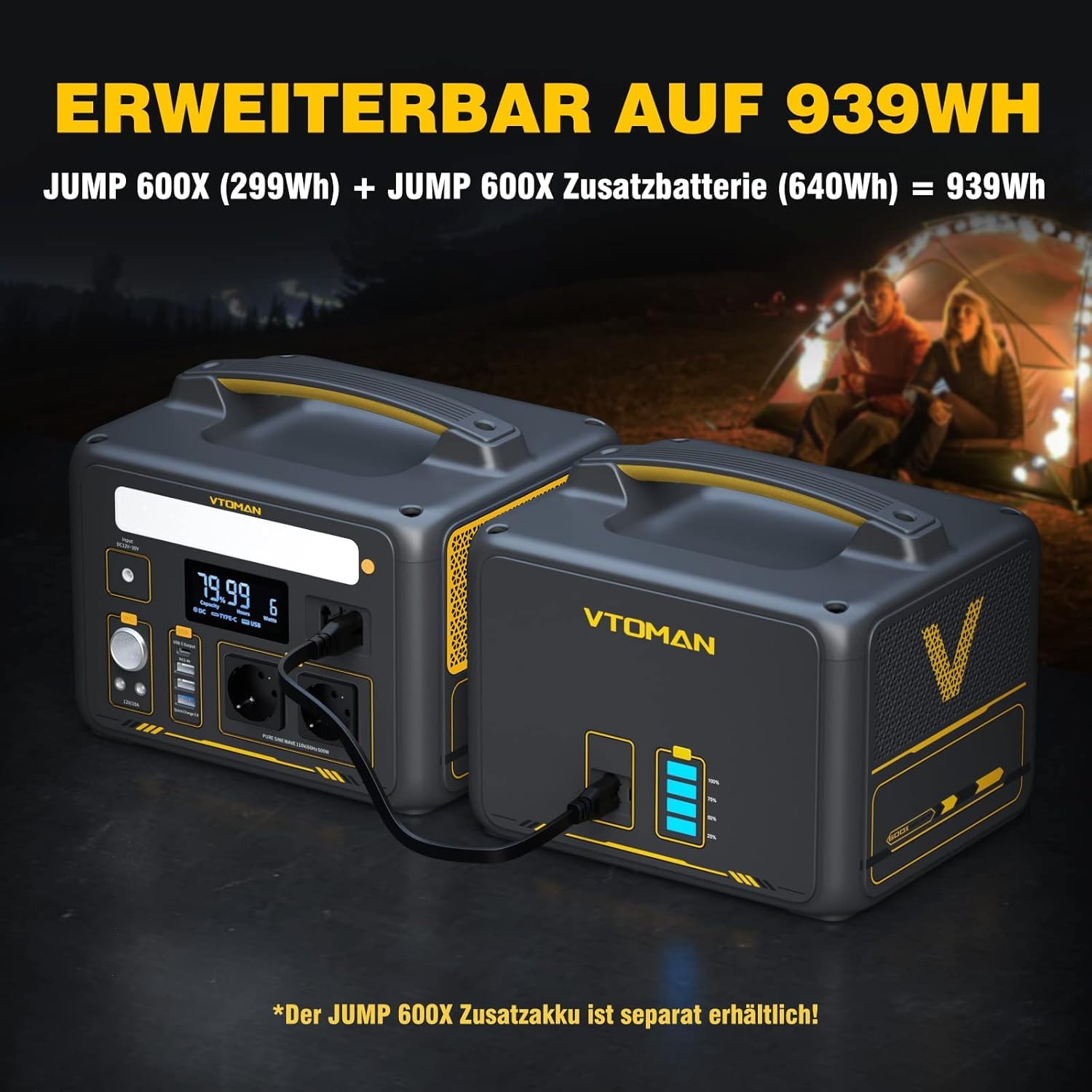 VTOMAN Jump 600X Tragbare Powerstation 600W - 299Wh Solar Generator LiFePO4 Batterie Stromgenerator Mobile mit 2x 600W (1200W Spitze), Erweiterbare Kapazität für Camping Wohnmobil Notfall