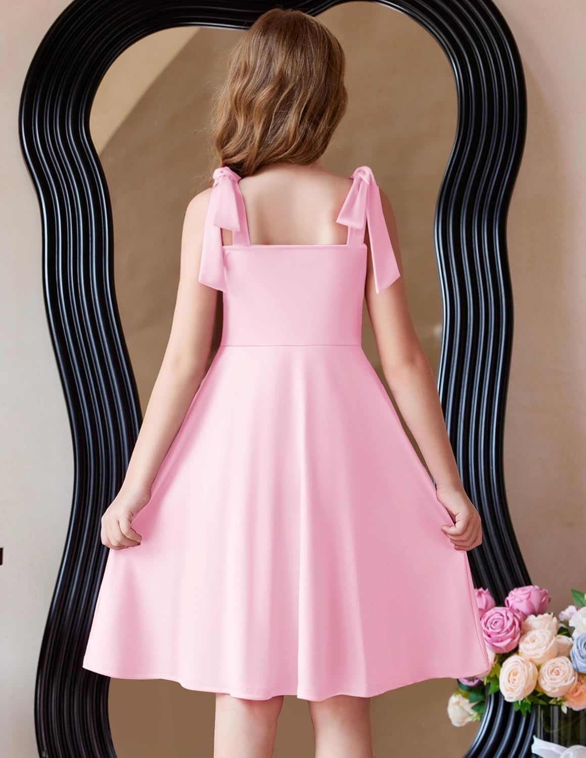 Arshiner Girls Summer Dress Tie Strap Sleeveless Solid Color Square Neck Party Dresses 6-11 Y - Image 3