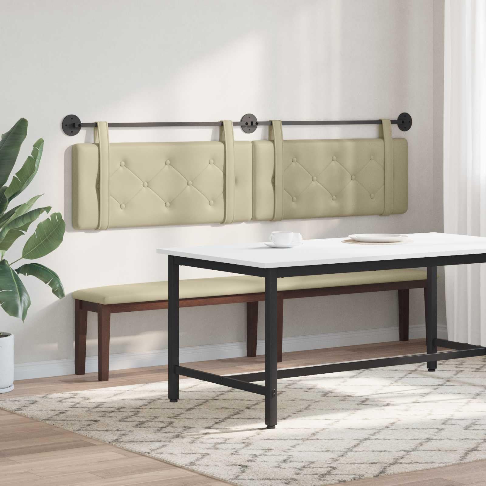 Wiszący zagłówek z kremowej sztucznej skóry z wyściółką piankową 210 x 55 x 5 cm, montaż na ścianie, zdejmowane paski, nowoczesny panel tapicerowany do sypialni, pokoju gościnnego, pokoju