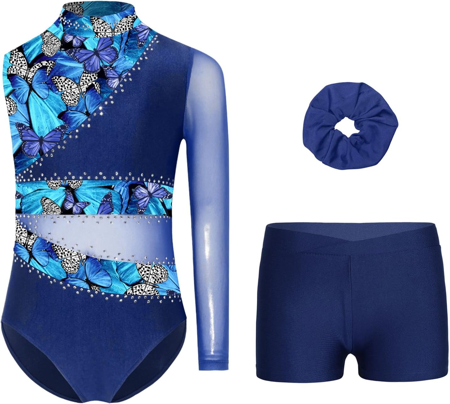 Kids Girls Three-piece Gymnastics Outfits Sparkly Rhinestones Ballet Dance Leotard Tumbling Outfit with Shorts