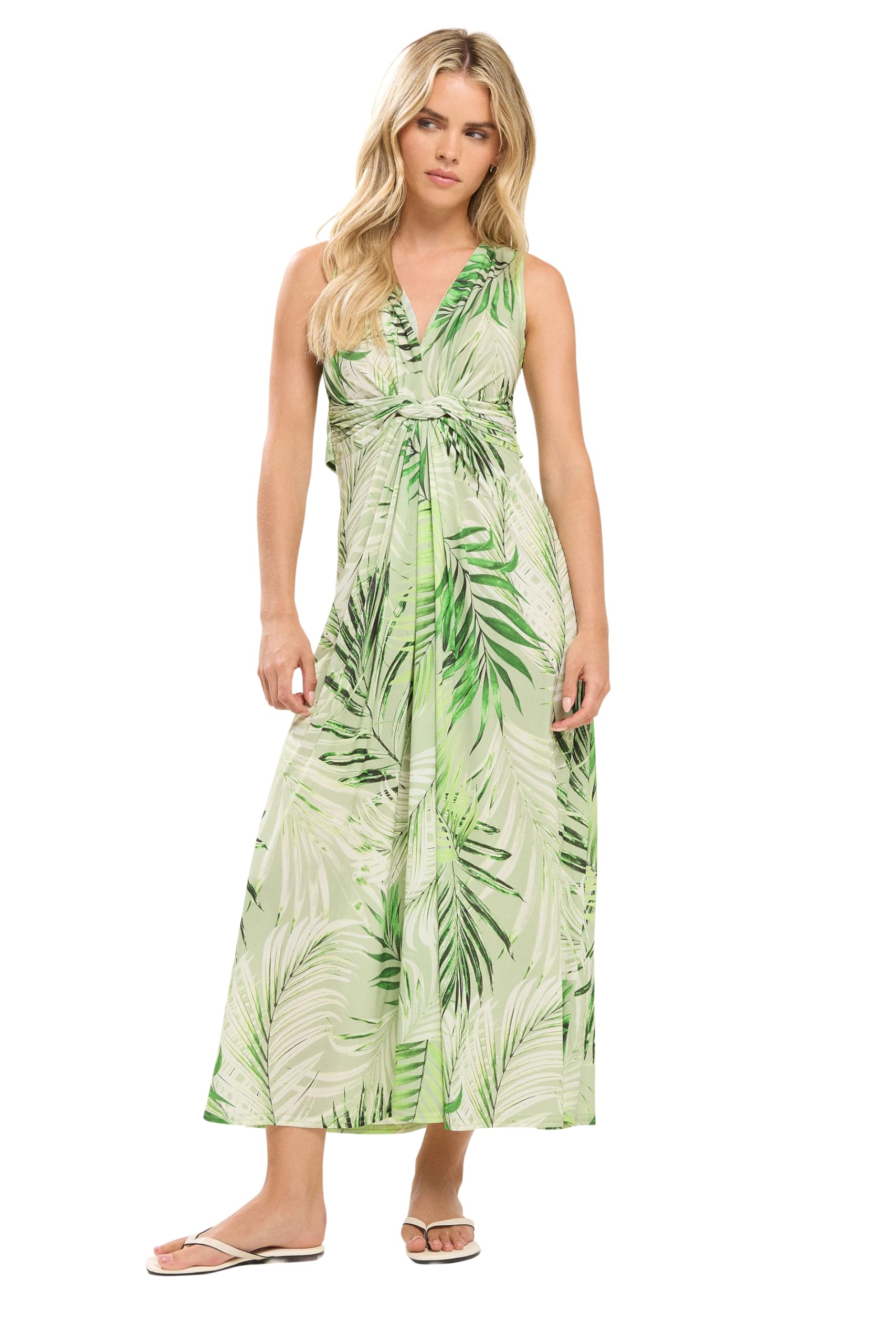 M&Co Women's Green Petite Palm Print Knot Front Maxi Dress In | Size: 14