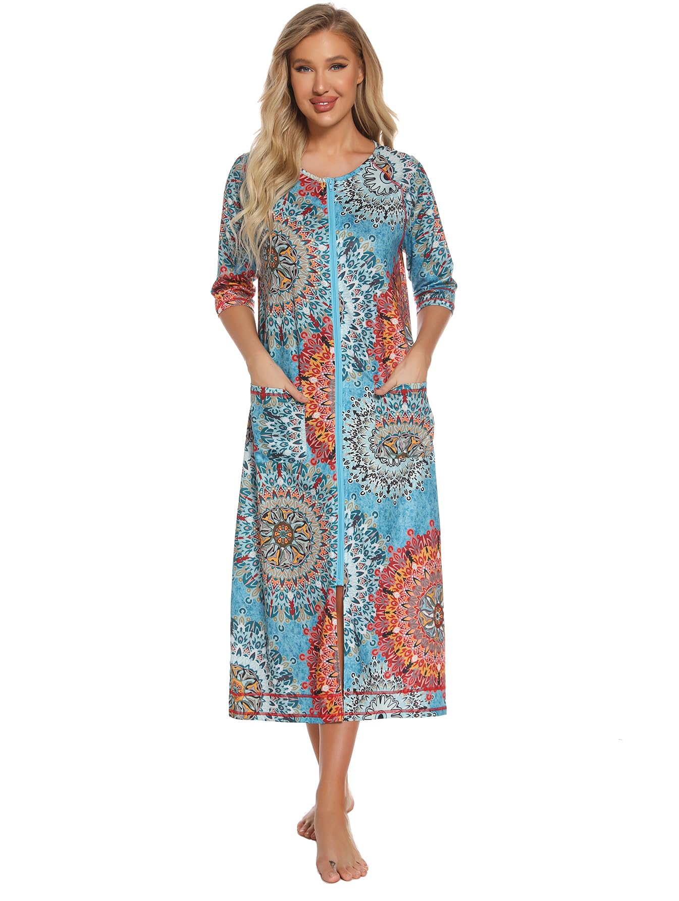 Citridarll Women's Zipper Robe 3/4 Sleeve Housecoat Calf Length Casual Nightgown Loose Bathrobe with Pockets, Floral 3, Large