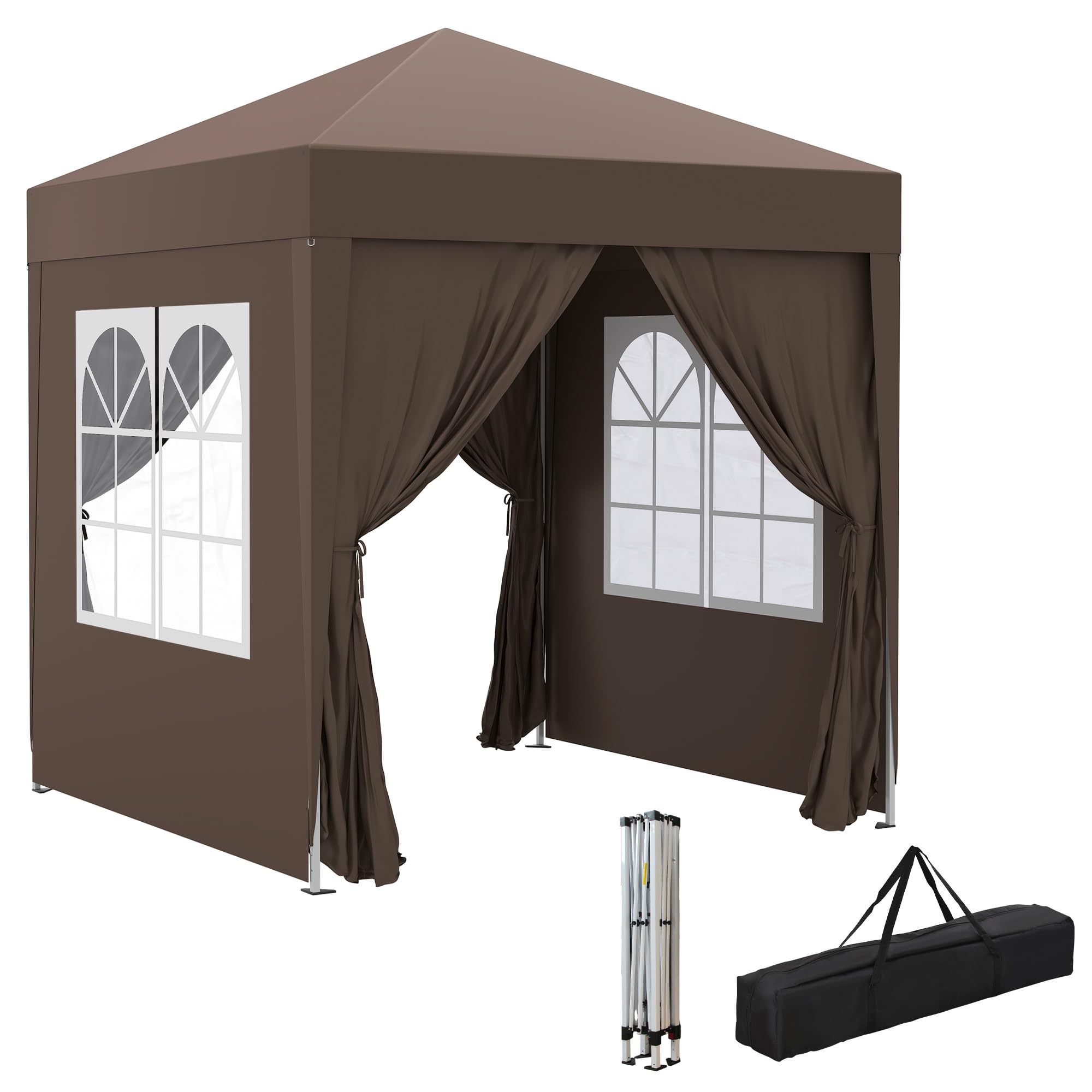 Outsunny Carpa Plegable Pop-up Gazebo 2x2 m Cenador Plegable con 4 Paredes Laterales Anti-UV y Bolsa de Transporte para Camping Fiestas Marrón