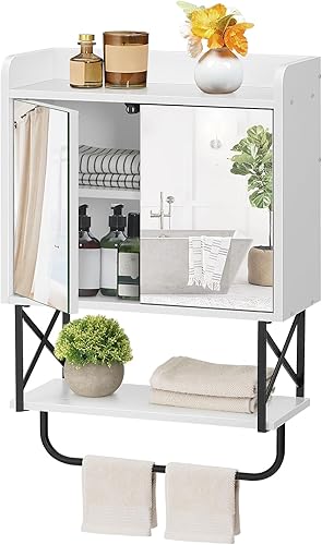 Miniatura 9 de HOOBRO Gabinete de pared para medicina con espejo, gabinete de almacenamiento de baño con espacio oculto y barra de toalla, puertas dobles