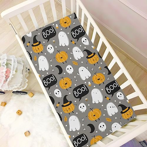 Miniatura 6 de Sábanas de cuna para niños, Halloween, calabaza, fantasma, caramelo, bebé, niña, para cuna, sábanas neutras ajustadas, colchón de cuna, suave y
