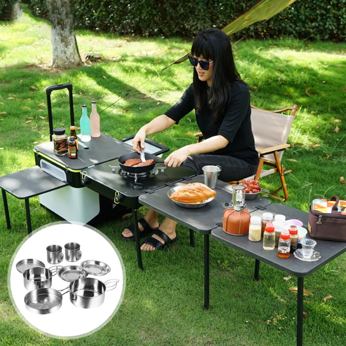 Gatuida Kit de Casseroles Camping INOX pour Personnes Set Cuisine Portable et Léger pour Randonnée Pique- Extérieur Ustensiles et Poêle Inclus