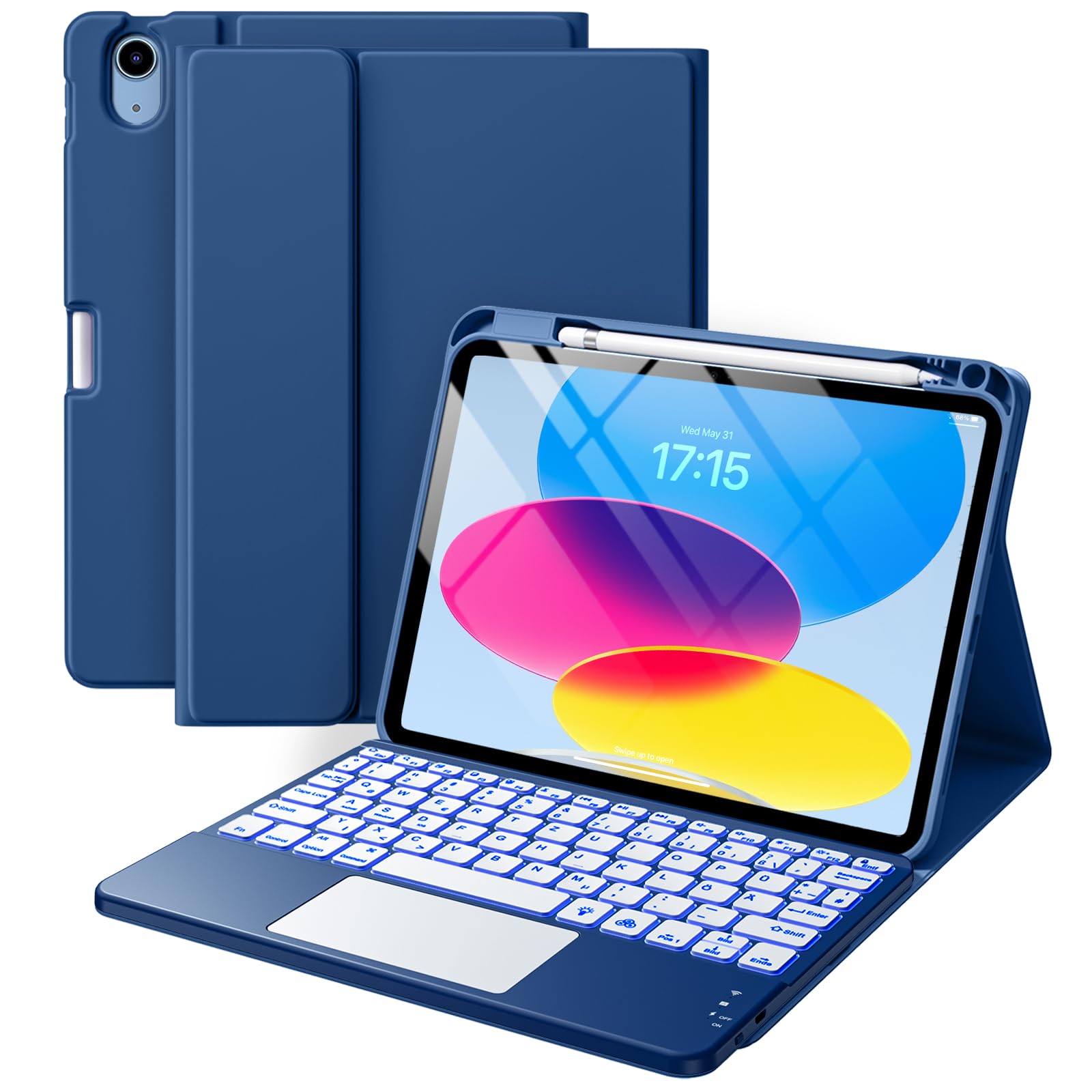 Vobafe Touchpad Hülle mit Tastatur für iPad A16 11 10 Generation 2025 2022, 11/10,9 Zoll, Magnetische Abnehmbar Tastatur, 7 farbige beleuchteter, mit Stifthalter, QWERTZ Layout, Navy blau