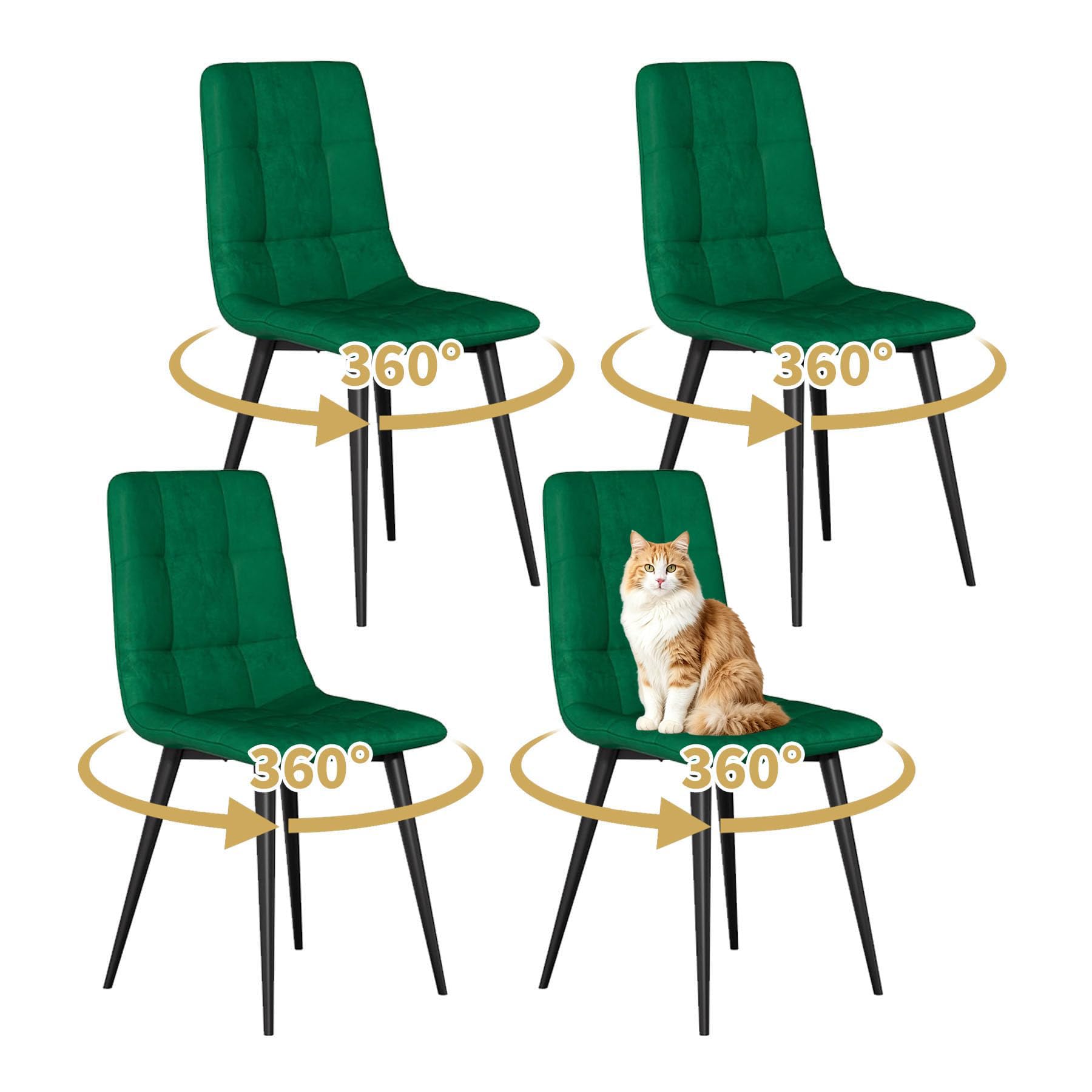 JMGJOY Swivel Dining Chairs Set of 4 Velvet Modern Upholstered kitchen Chairs 360° Rotating Dining Room Chair Max.120kg Metal Legs Padded Seat Backrest for Living Room Bedroom, Green