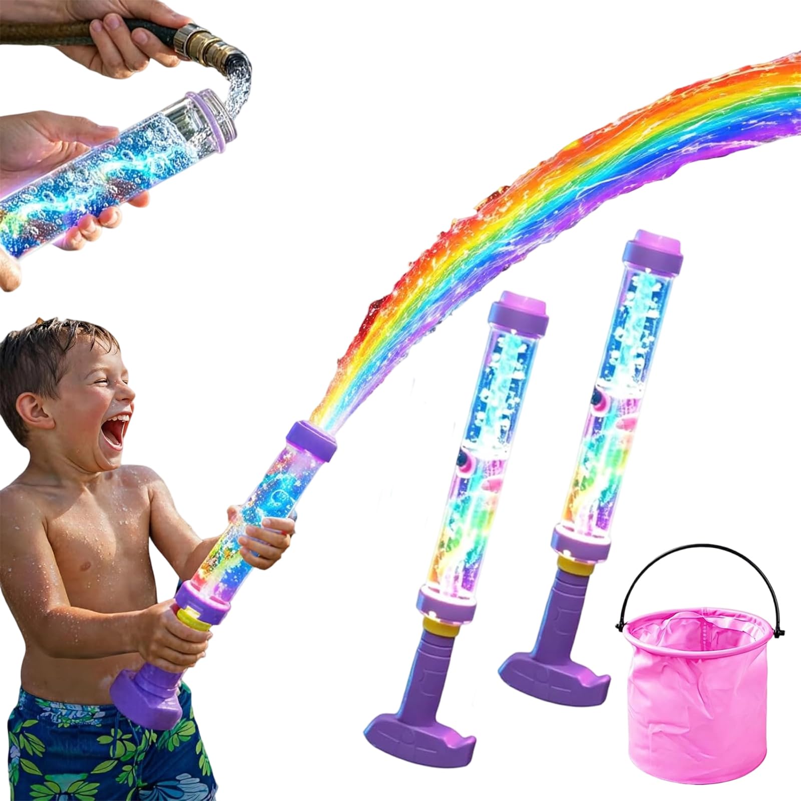 Glowing Rainbow LED Water Blaster | Summer Fun that Pops Like Magic, Glowing Rainbow Water Blaster, Pull Push Firework Waters Blasters, for Pool Parties and Outdoor Activities (2pcs)