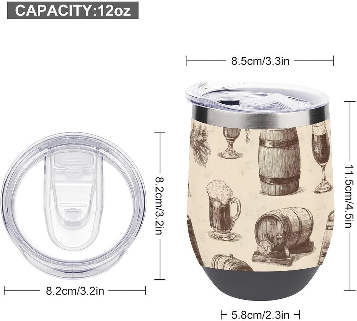 Vintage Wine Glass Grape Barrel Insulated Drinking Cup Stainless Steel Coffee Mug Wine Tumbler with Lid 12OZ