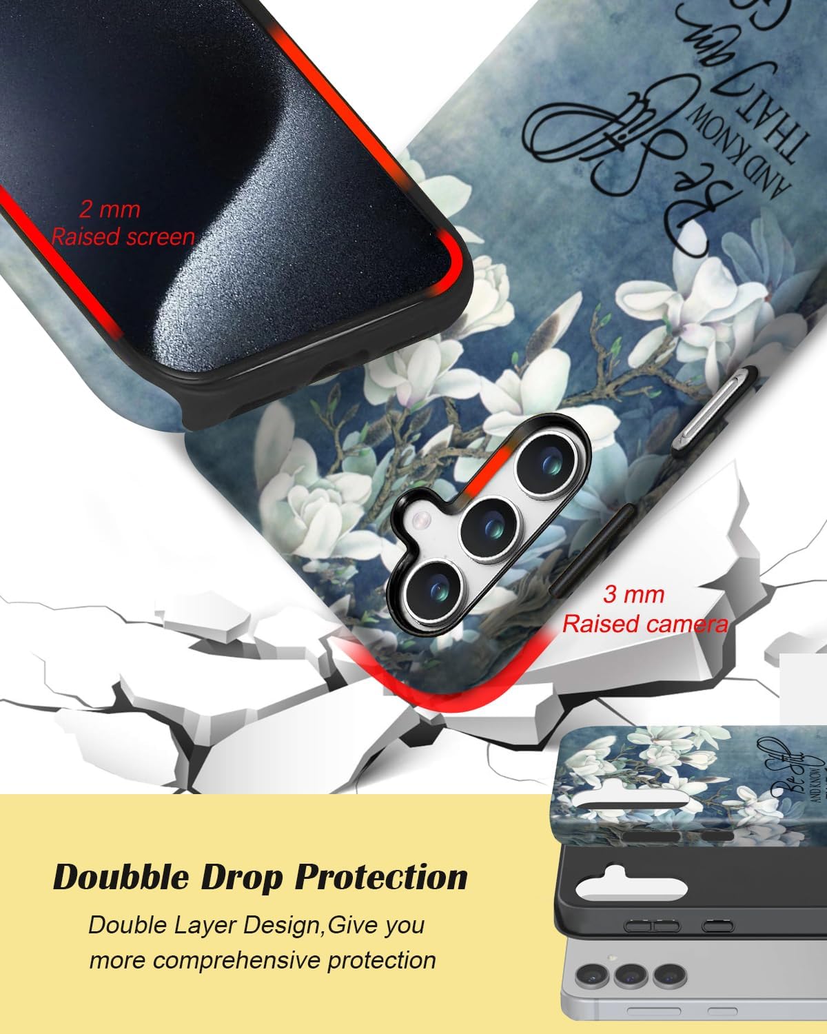 Compatible for Samsung Galaxy S24 Case,Two Layer Protection Heavy Duty Cover,Compatible for Samsung Galaxy S24 Phone Case,Christian Quotes Bible Verse Psalm 46:10,Magnolia Grandiflora - Image 3