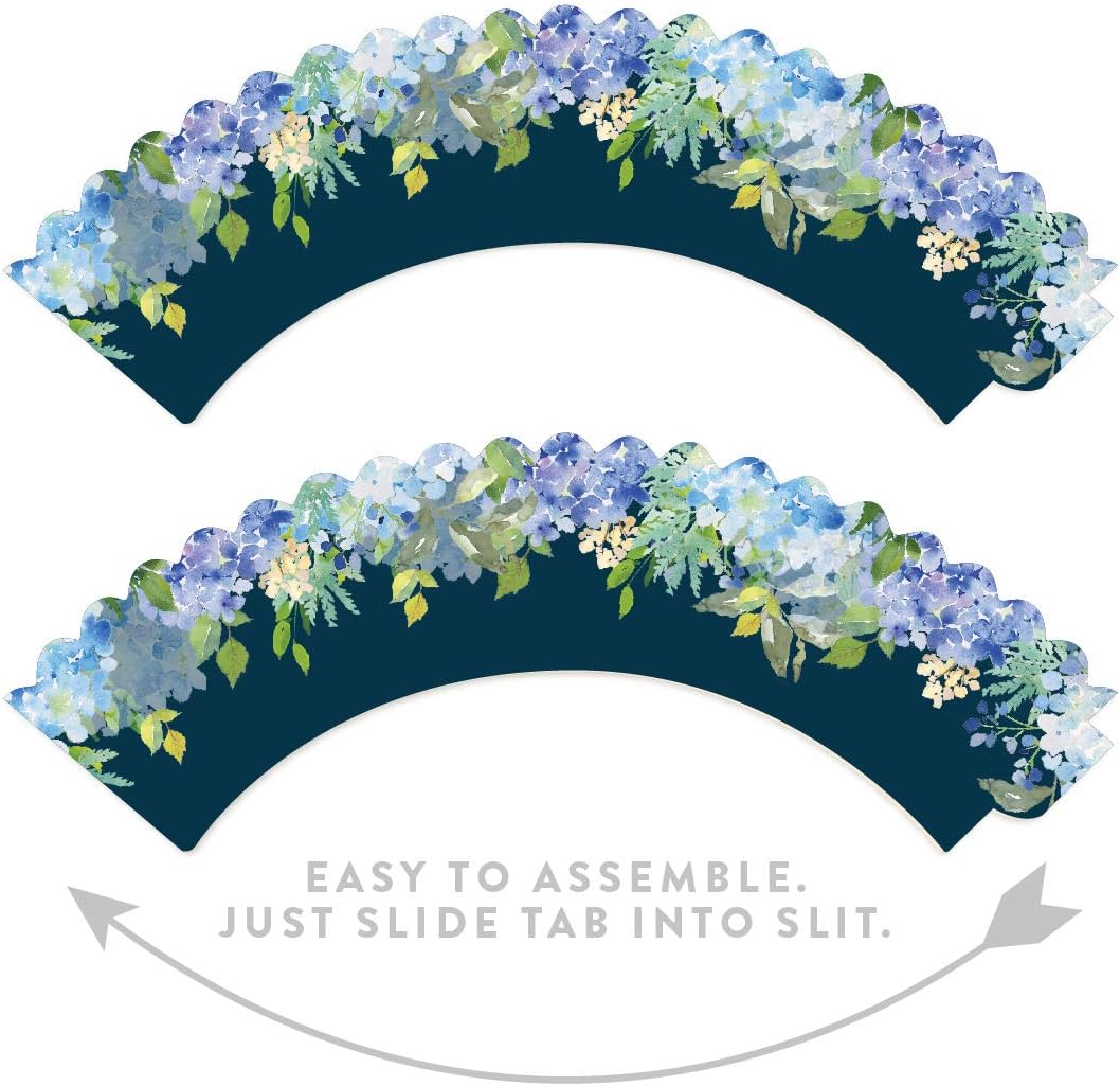 Andaz Press Party Cupcake Wrapper Decorations, Baby Blue Hydrangeas on Navy Blue, 24-Pack, For Girls 1st Birthday Baby Bridal Shower Tea Party Themed Decorations