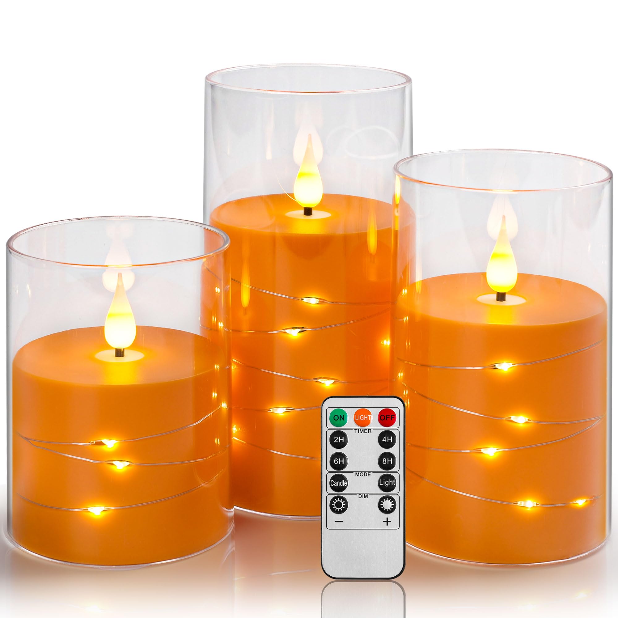 Da By Orange 3 Pack Flickering Flameless Candles, Black Wick Led Candles With Fairy Lights, Heat Resistant Reusable Plastic, Remote Control, 7.5Cm D 10/12.5/15Cm, Indoor Outdoor Wedding Party Festival Decor