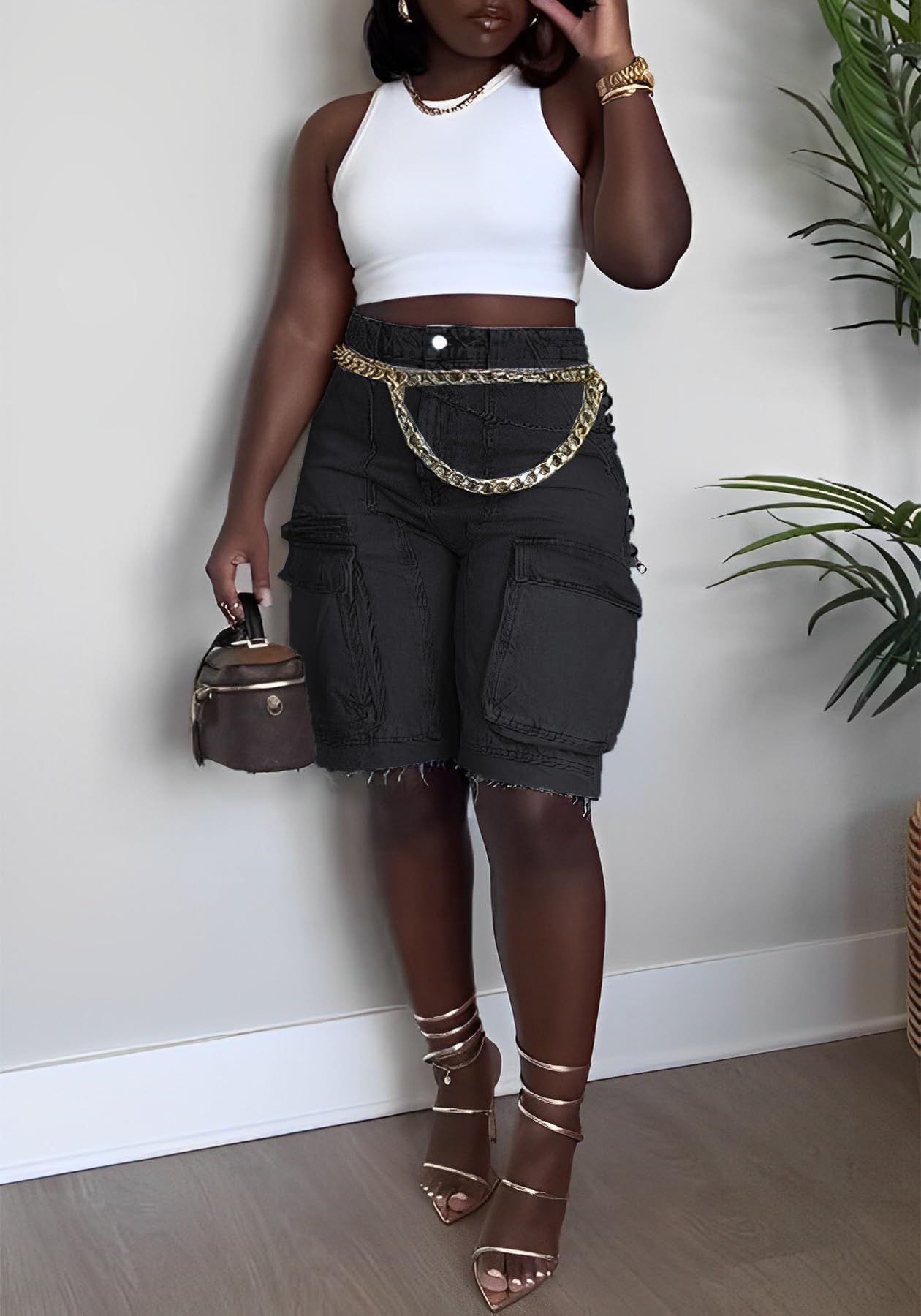 Damen Sommer Bermuda Knielang Denim Shorts Hohe Taille Casual Baggy Cargo Kurze Jeans Hosen Trendy