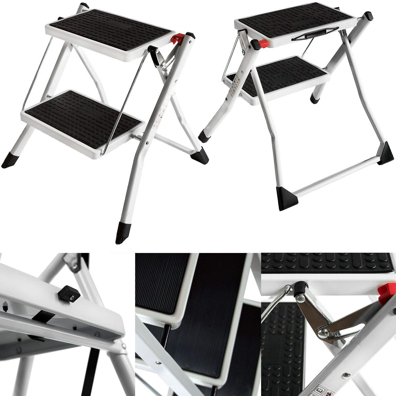 Taburete plegable de acero de alto rendimiento (para hasta 150 kg) Escalera portátil de 2 peldaños con peldaños acanalados antideslizantes Mini taburete ligero para el garaje de cocina en casa