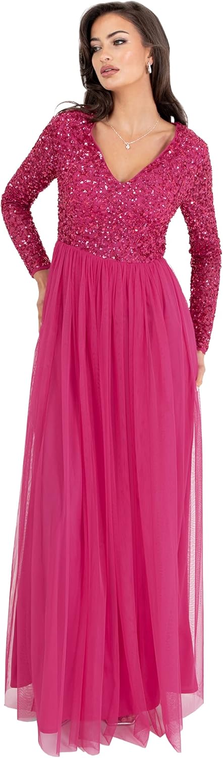 Maya Deluxe Vrouwen Midaxi Jurk Dames Mouwloze Pailletten Hoge Empire Taille Tule Versierd voor Bruiloft Gast Bal Bruidsmeisje, Moody Lila, 30