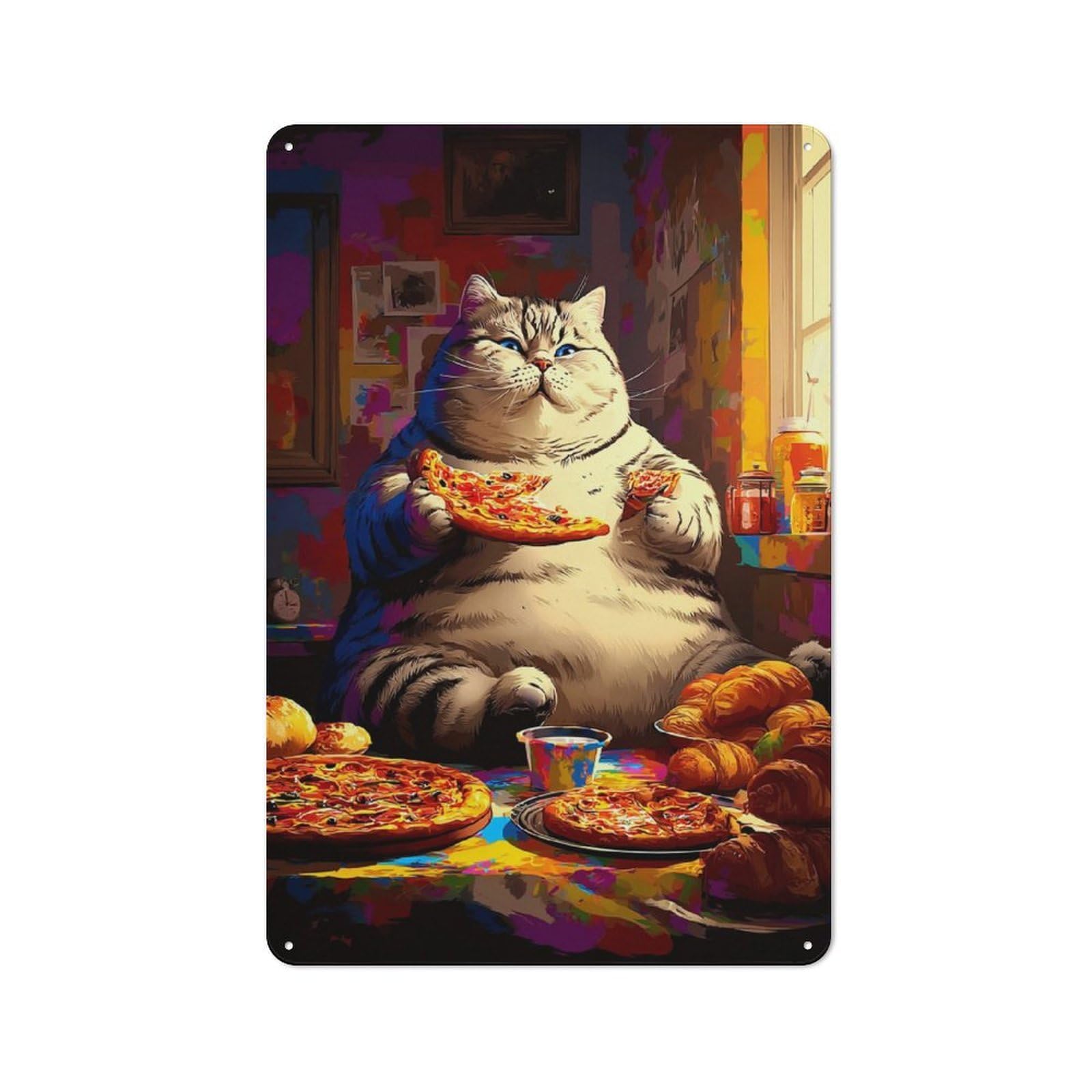 Junmoney Fat Cat Enjoying Pizza Party -3 30X20cm Rustic Metal Sign With For Home Office Or Studio, Gift For Studio Owners During The Christmas Season