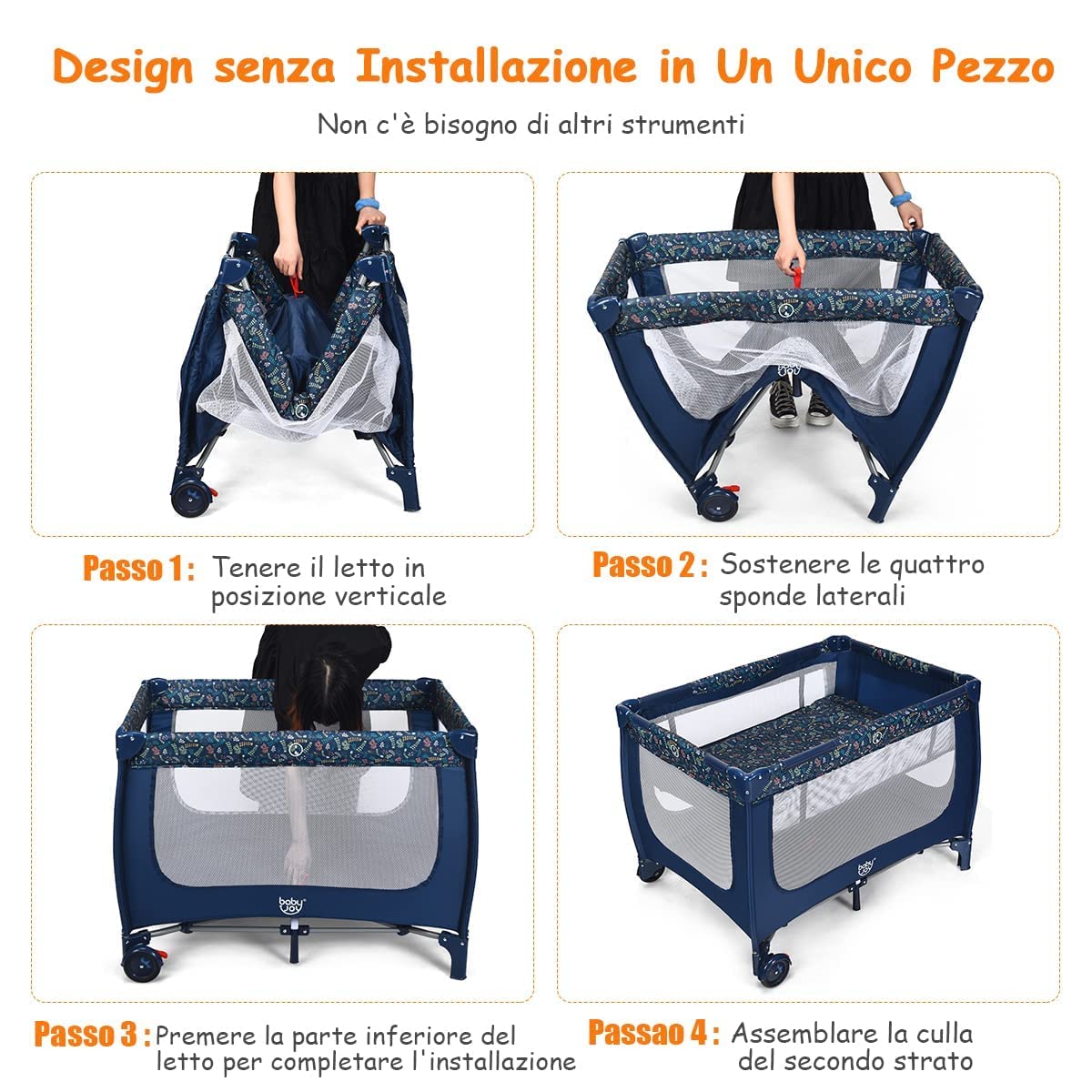 RELAX4LIFE Lettino Neonato con Materasso, Lettino da Campeggio per Bambini, Culla da Viaggio con 2 Ruote con Freno e Borsa, per Bambini 0-36 Mesi (Blu)