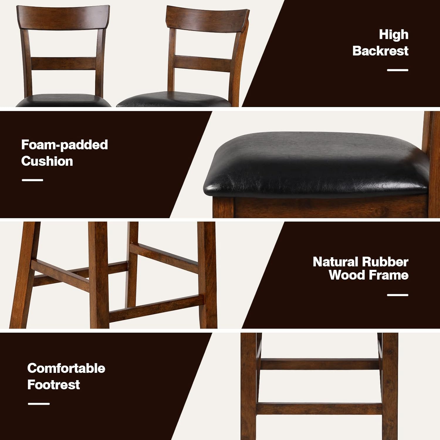 NAFORT Counter Height Bar Stools Set of 4, Farmhouse 25.5” Wood High Dining Chairs, Counter Stools with Back for Kitchen Restaurant Bar, Rubberwood Legs & Black PU Leather Cushion