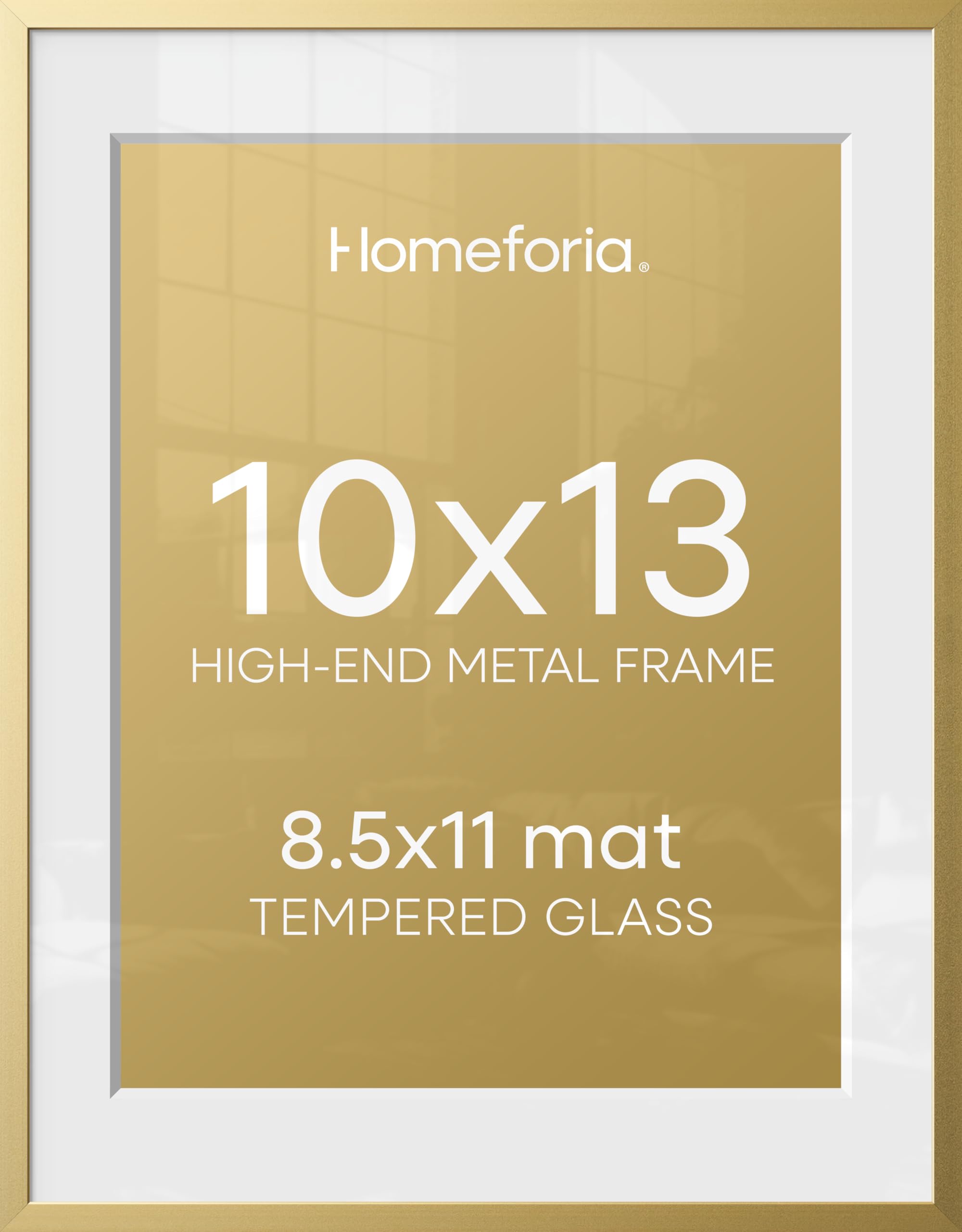 Homeforia 10x13 Gold Picture Frame, High-End Metal, 8.5x11 Mat, Glass | High End Aluminum, Tempered Glass, Acid-Free 8.5x11 Removable Mat, 10x13 in Edge-to-Edge Display 13x10, Wall Kit, Set Of 1