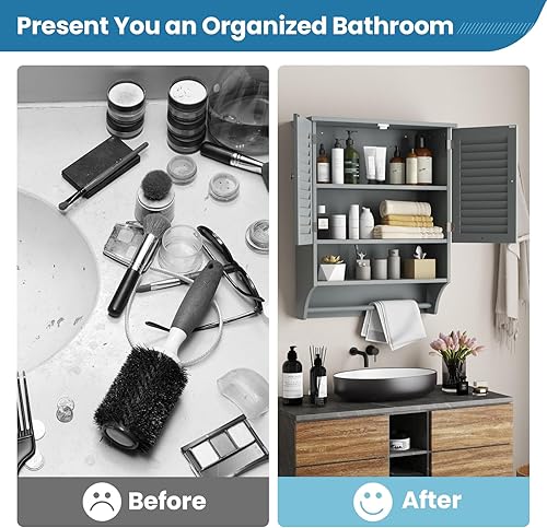 Miniatura 6 de Giantex Botiquín con 2 puertas con rejillas, estante ajustable de 3 posiciones, toallero, armario de baño montado en la pared sobre el inodoro,