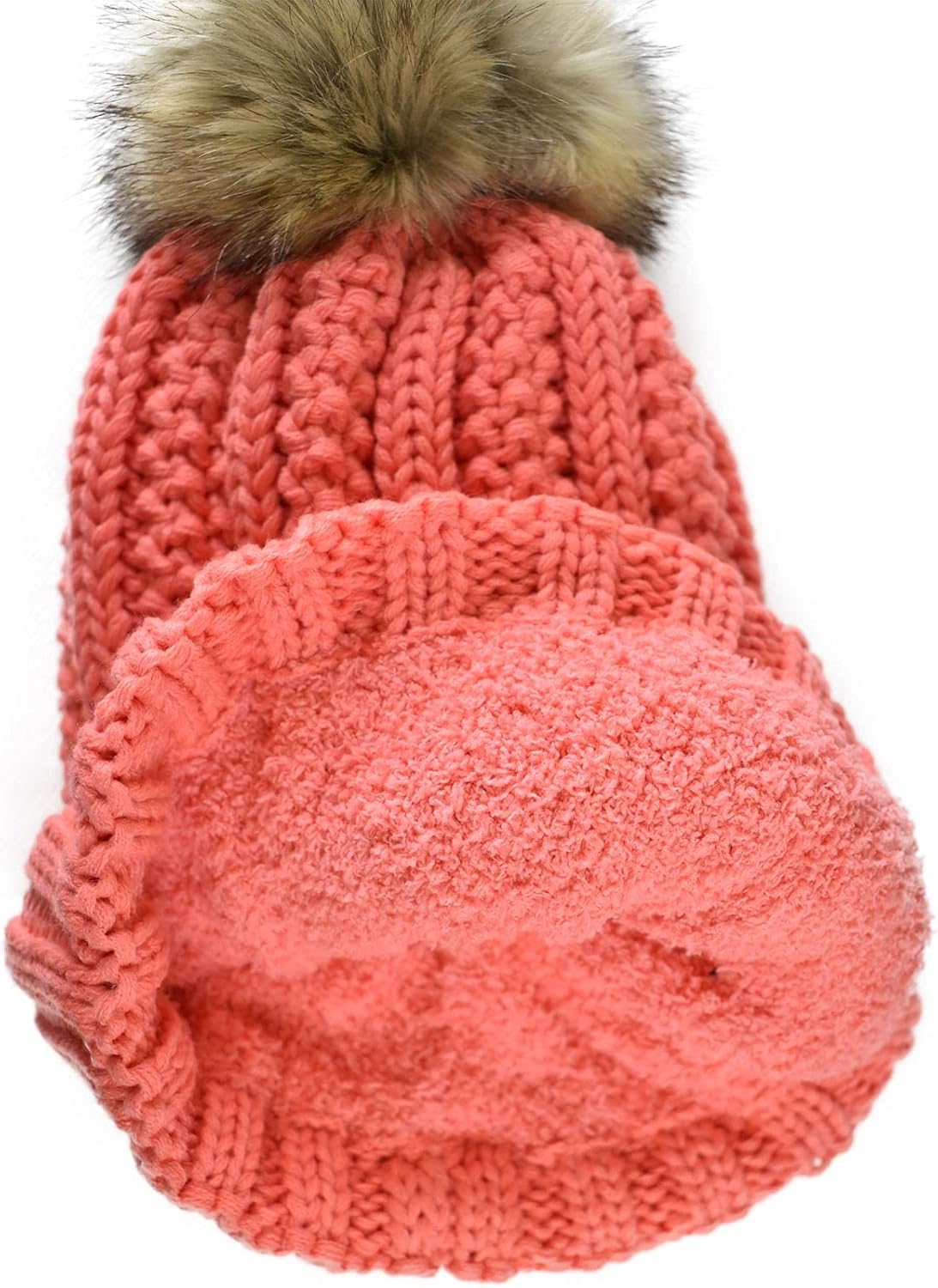 C.C Thick Cable Knit Faux Fuzzy Fur Pom Fleece Lined Skull Cap Cuff Beanie, Coral