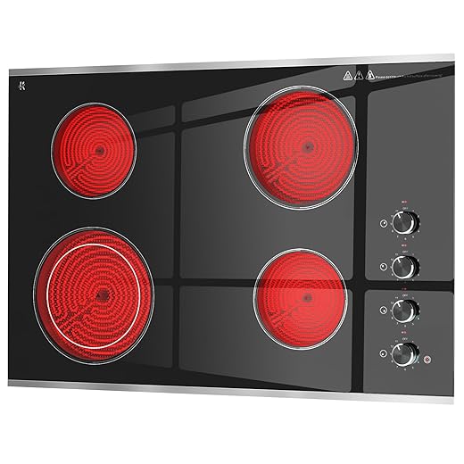 Electric Cooktop 30 inch 4 Burner, 6700W Built-in Radiant Electric Stove Top with Knob Control, Electric Ceramic Stove Cooktop with 11 Level Power Adjustable, 220-240V, Hard Wire