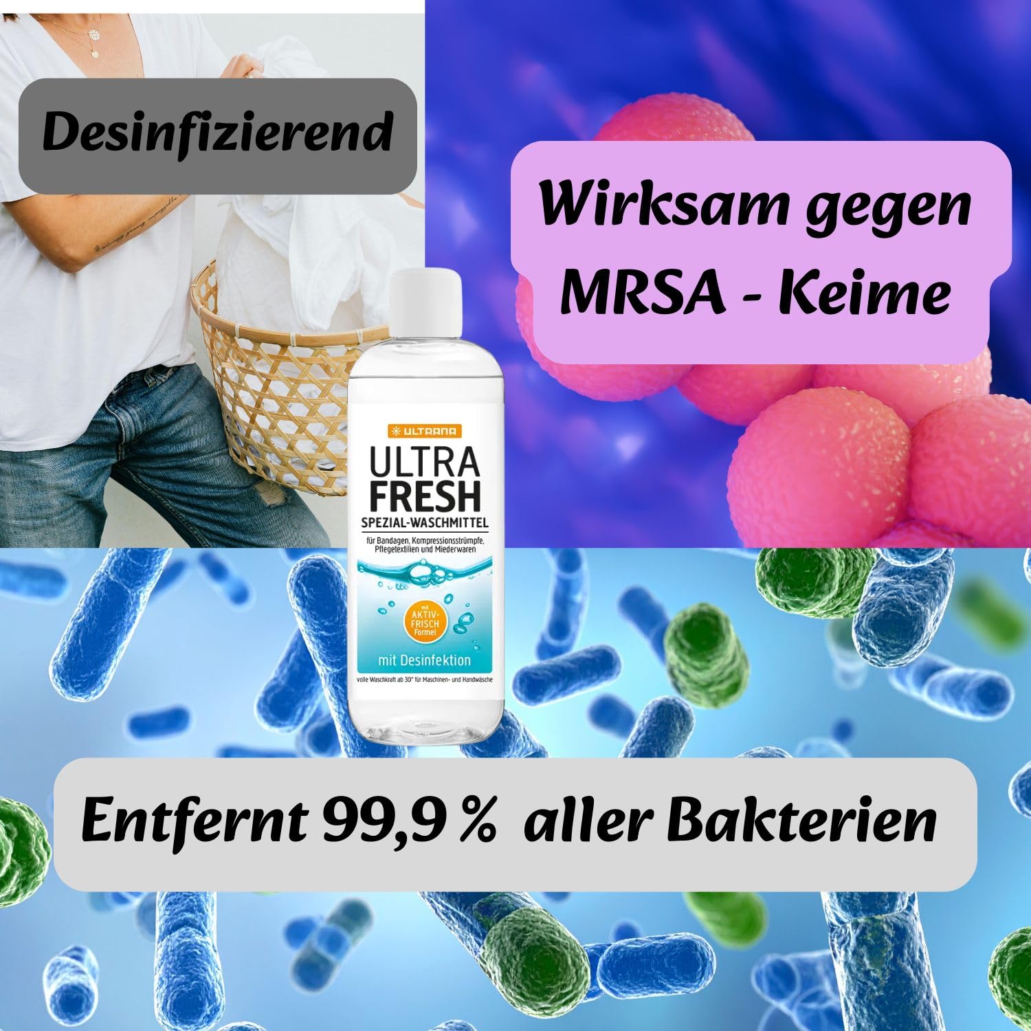 Ultrana Ultra Fresh Desinfektionswaschmittel 500 ml + Olanmarp Wäschenetz | Hygiene Waschmittel Konzentrat fuer Inkontinenzwaesche und Pflegetextilien – Made in Germany, biologisch abbaubar
