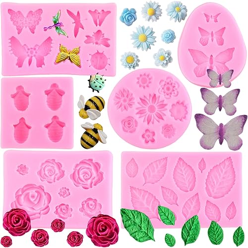 ZiXiang Molde para pastel de fondant de flores, rosa, mariposa, margarita, hoja de rosa, mini flores, moldes de silicona para dulces, moldes de