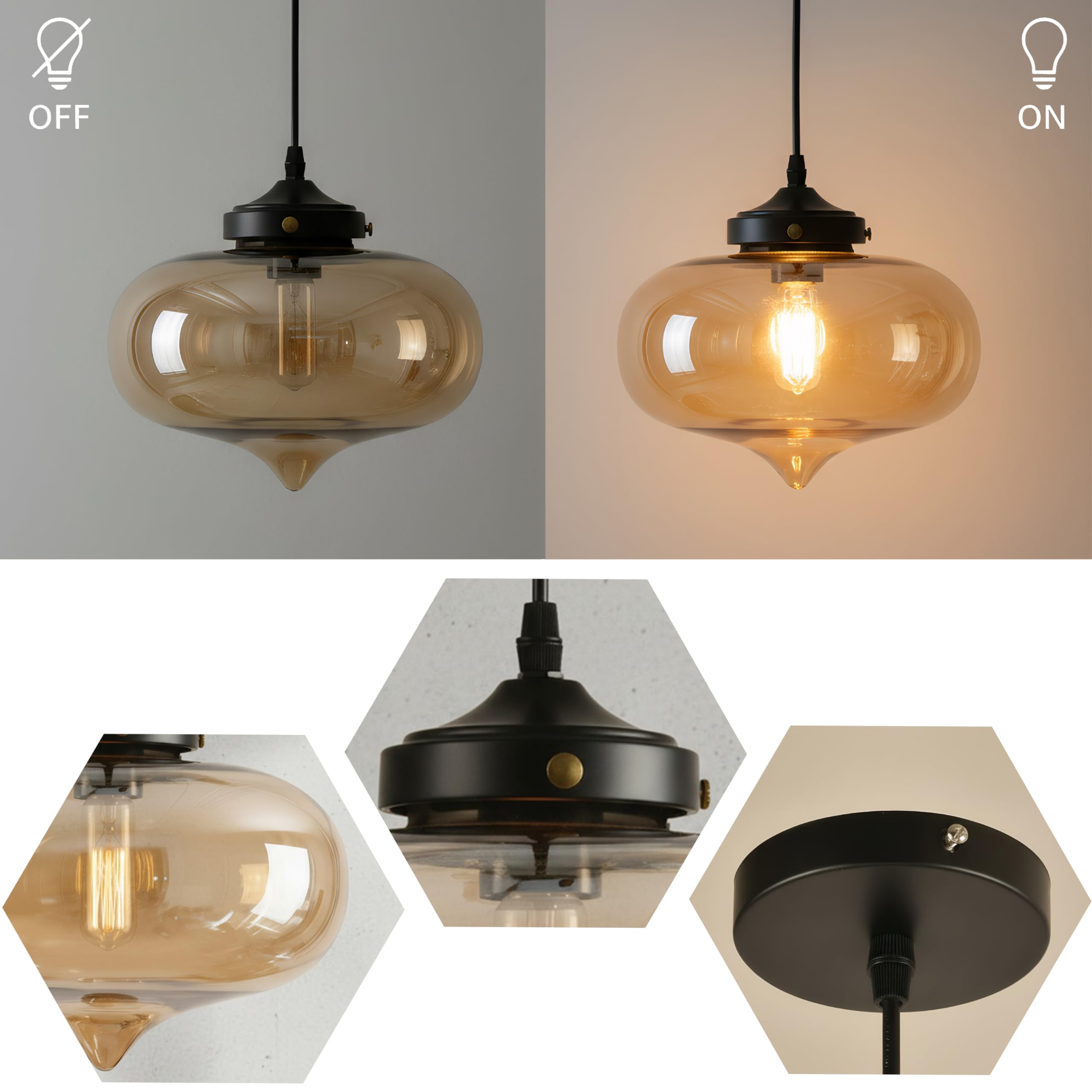 27cm Moderne Glas Pendelleuchte mit Schwarzer Metallfassung, Vintage Industrielle Hängelampe, E27 Deckenleuchte für Kücheninsel Esszimmer Schlafzimmer Bar (Bernsteingelb)