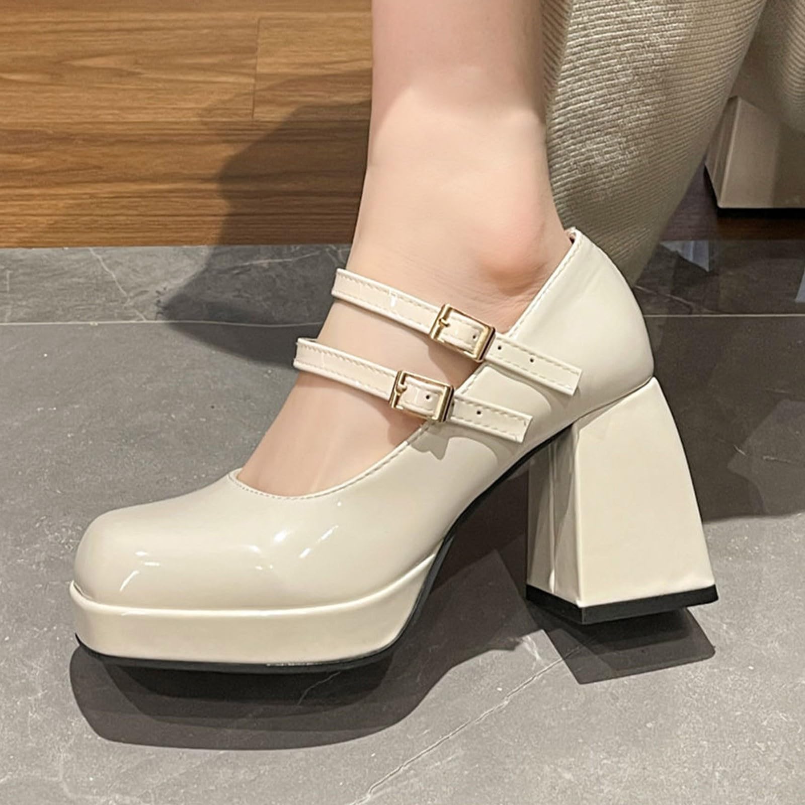 Scarpe Mary Jane da donna con plateau e punta alla caviglia, stile Lolita, in pelle verniciata, stile retrò, con tacco a blocco, per feste