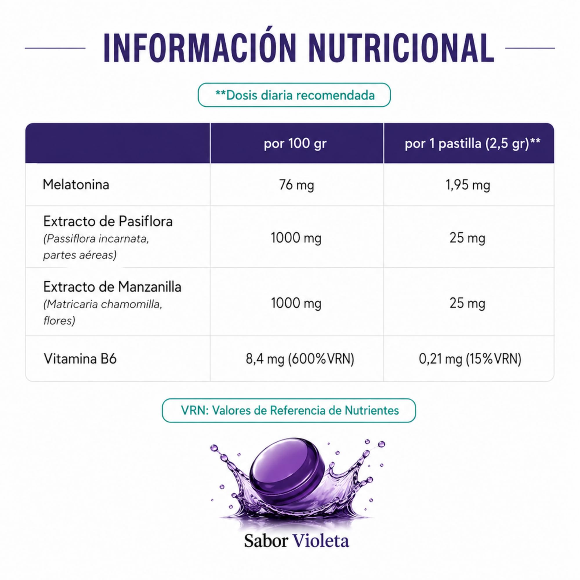 Fórmula Sueño con Melatonina 1,95 Gr, Pasiflora y Manzanilla sin Azúcar Sabor Violeta Descanso Natural y Bienestar Nocturno 32 Pastillas