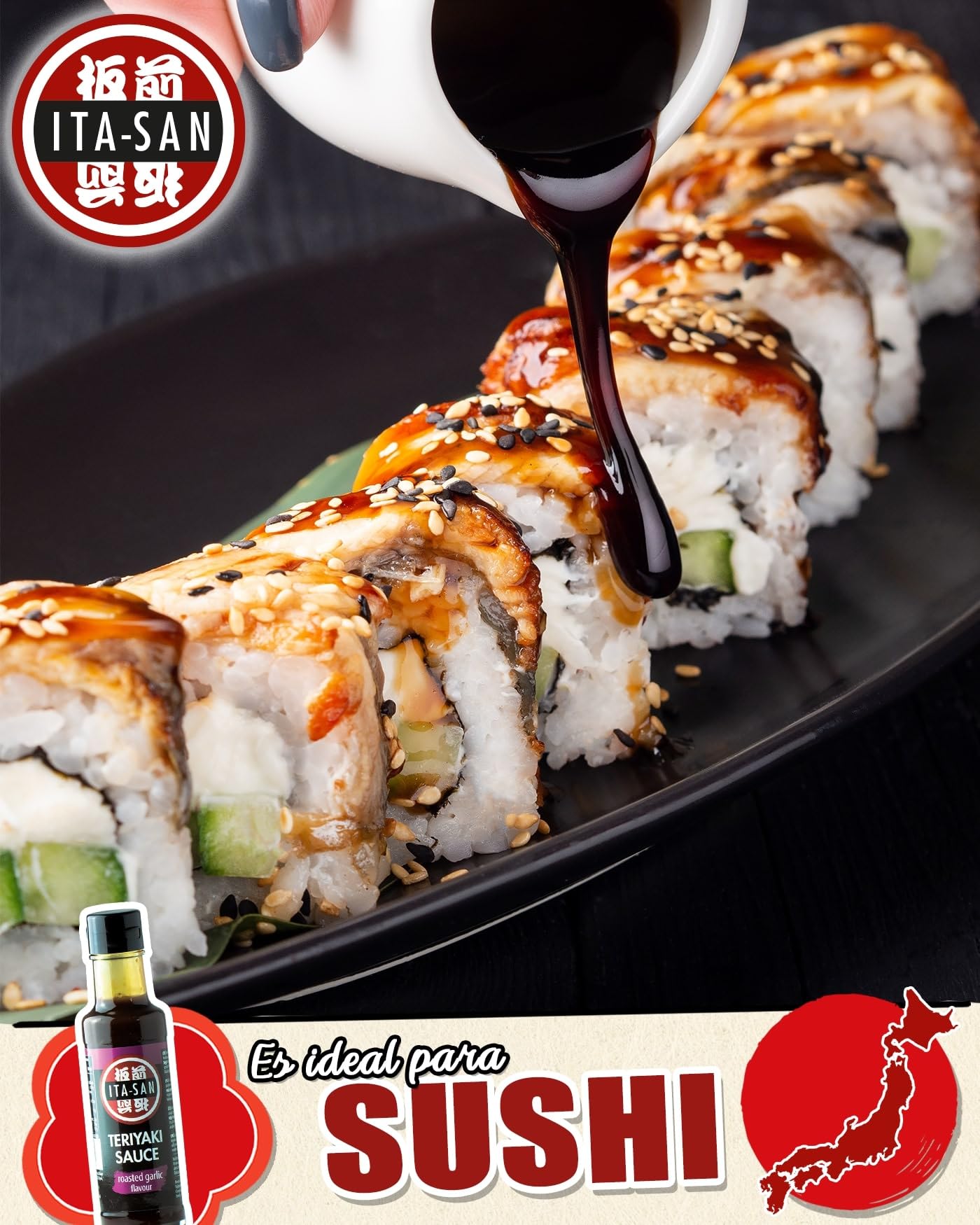 ITA-SAN Salsa Teriyaki con sabor dulce a soja y un toque de ajo, es una salsa sazonadora con aromas orientales, 1 x 150 ml