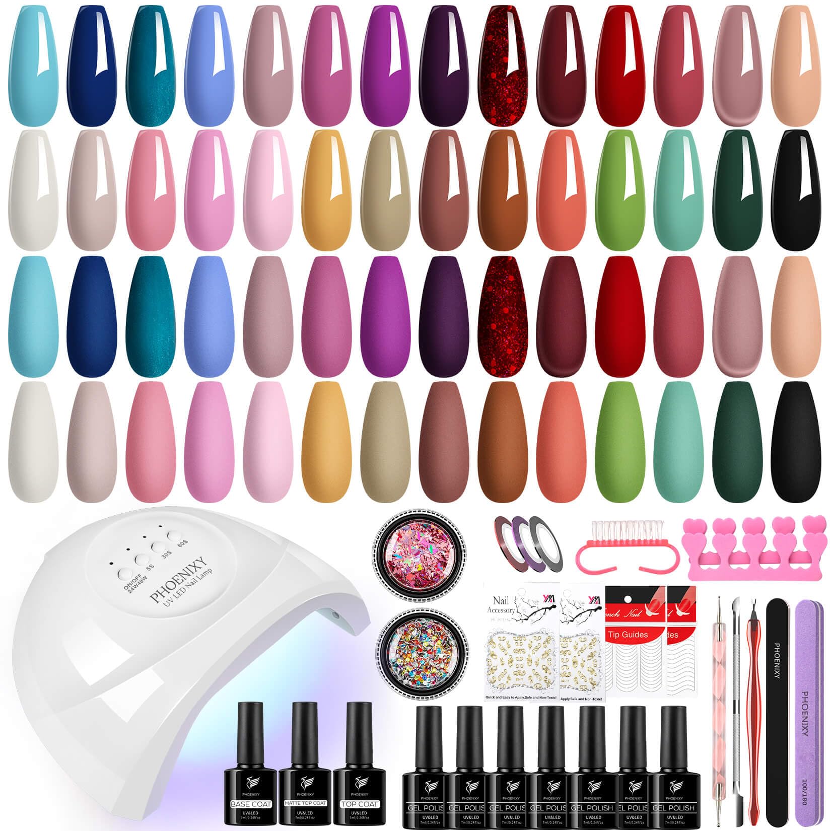 Kit Uñas Semipermanentes, Phoenixy 28 Colores Uñas Semipermanentes Kit Completo con 48W U V/LED Lámpara, Kit Manicura Semipermanente con Herramientas para Uñas para Principiantes Regalos para Mujeres