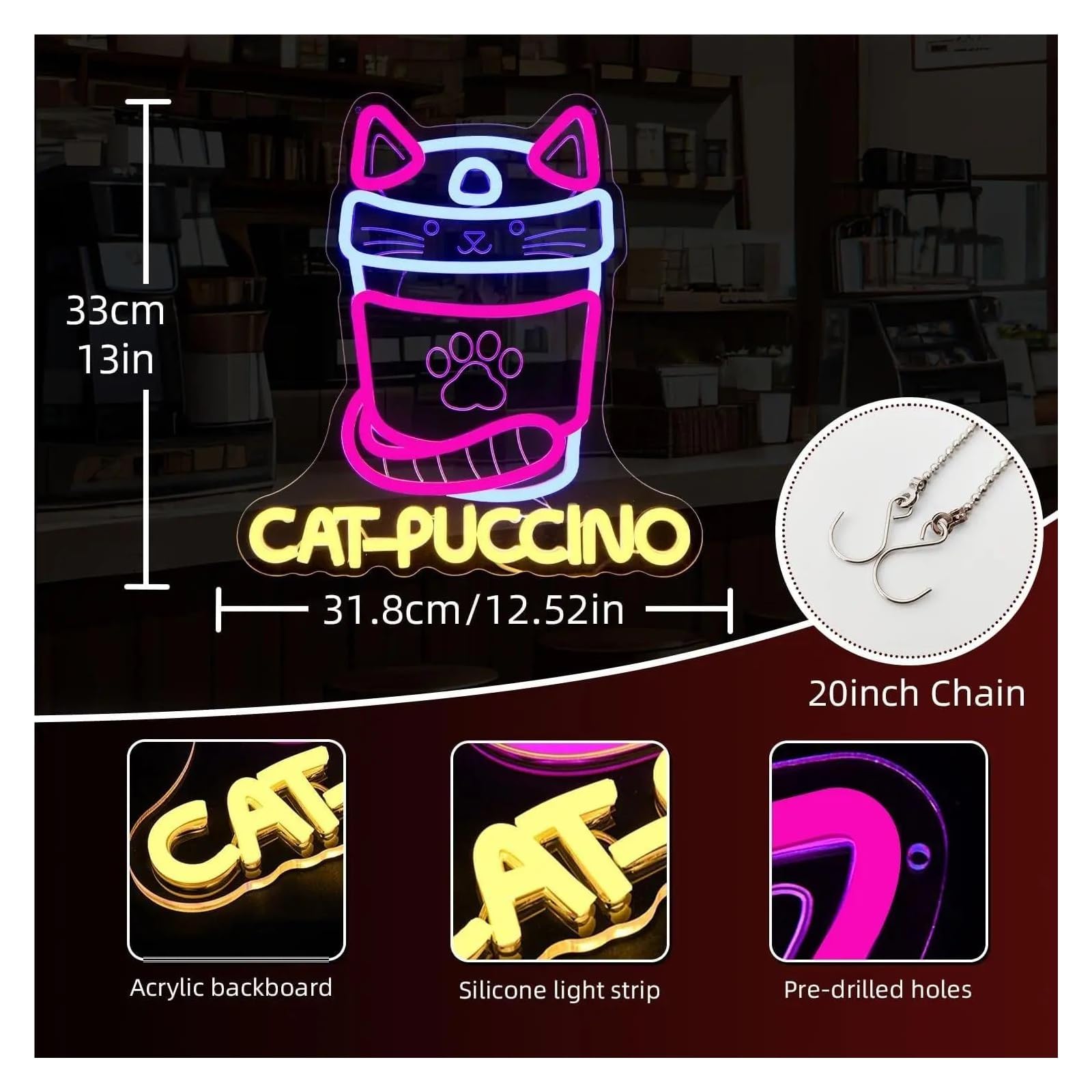 néon signe Panneau Néon En Forme De Chat Alimenté Par USB, Décoration Murale Pour Café, Maison, Dessert, Café, Restaurant, Chambre De Fille,33cmх31.8cm