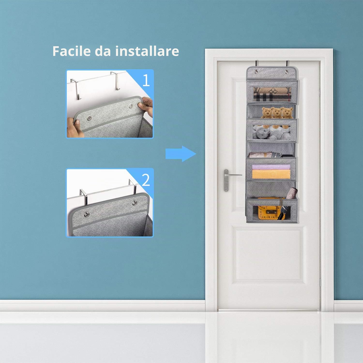 BrilliantJo Portaoggetti da Appendere con 4 Tasche in Tessuto, Organizzatore da Porta con grande finestra trasparente, Organizer Armadio Porta Oggetti da Appendere, Grigio-bianca