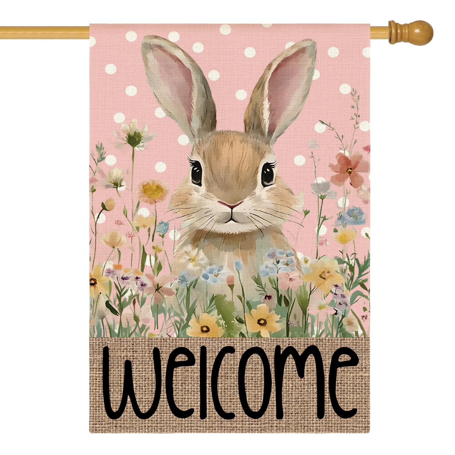 Drapeau de maison lapin de Pâques extérieur grand format avec bienvenue floral