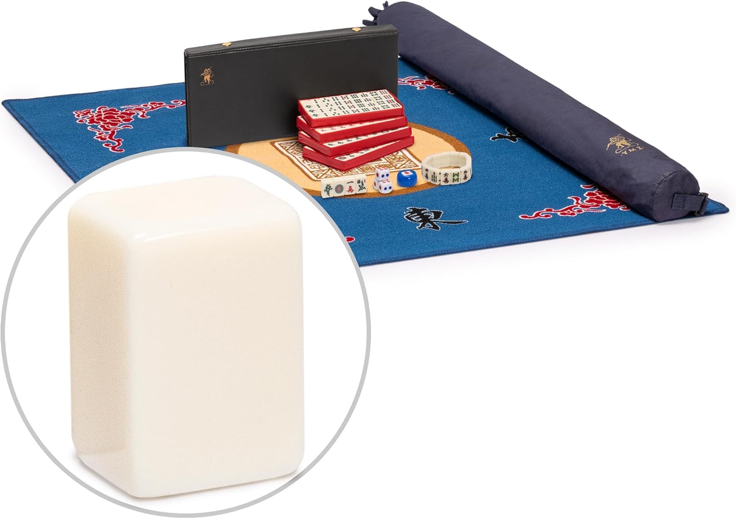 Yellow Mountain Imports Mahjong Bundle - Mini Chinese Mahjong Travel Game Set Little MJ with Mahjong Mini-Tiles Bracelet and Blue 31.1-inch Table Cover