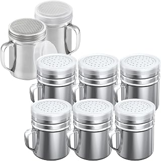 [6-pcs] 10 oz Stainless Steel Salt Pepper Dredge Shakers + [2-pcs] 10 oz Powdered Sugar Shakers - with Plastic Caps & Handles Bundle