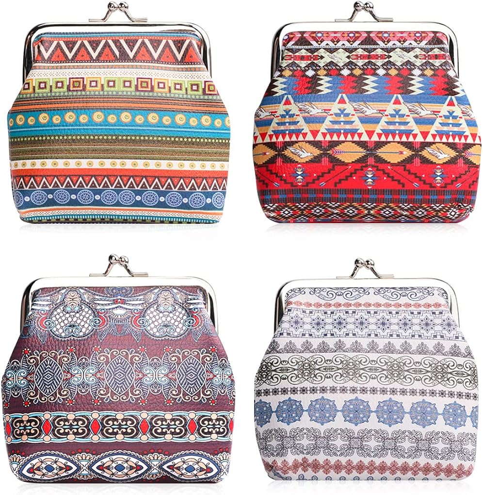 Oyachic Paquete de 4 monederos de estilo bohemio, monedero de lona, monedero de bloqueo de beso, bolsa de cambio de hebilla para mujeres y niñas, 4