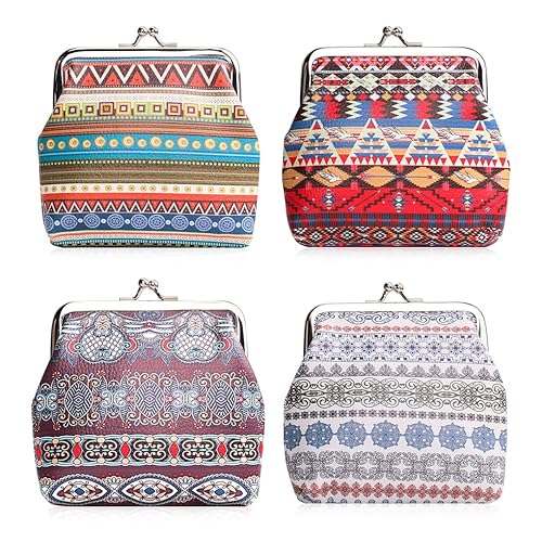 Oyachic 4 Packs Leather Coin Purse,Bohemia Wallet,Kiss Lock Clasp Change