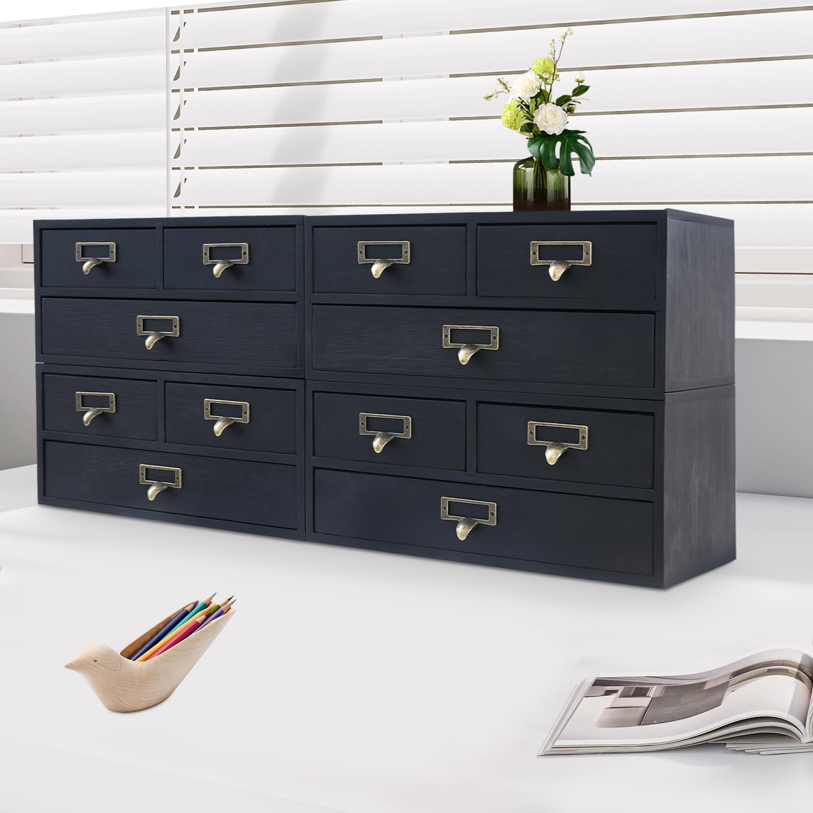 LuYuLTONG Desk Drawer Organizer, 4-Pack Wooden Vintage Apothecary Cabinet with 3 Drawers for Office, Herb Storage, Apothecary Diaries, Tea Collection(Black)