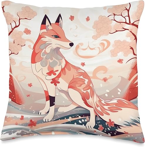 Miniatura 5 de Aesthetic Japanese Fox Gifts Cojín de zorro Kitsune con diseño de cerezo japonés, 18 x 18 pulgadas, multicolor