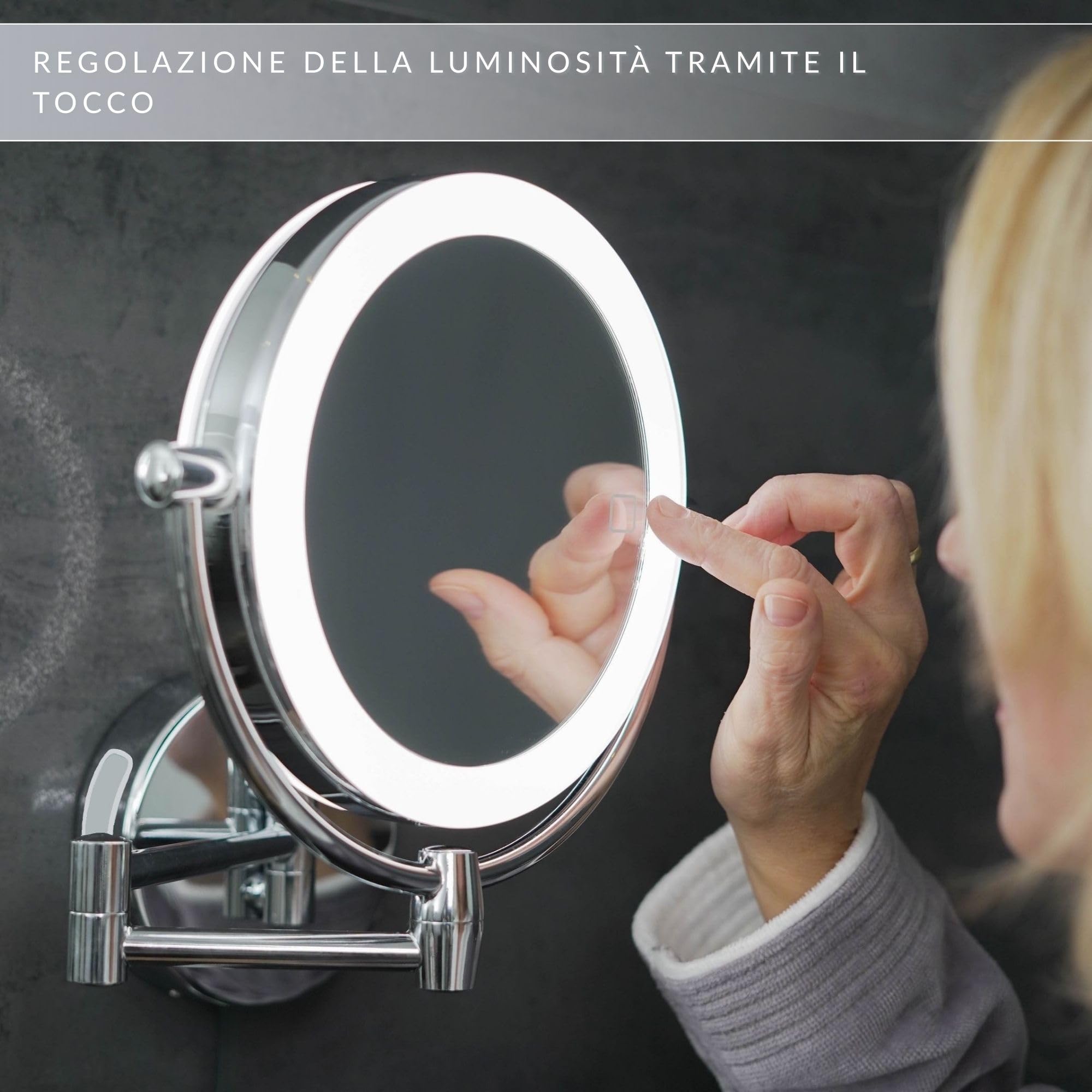 Modena Specchio Ingranditore da Parete a LED – Specchio Trucco Girevole a 360° con Dimmer, Luce Naturale e Ingrandimento per Make-up e Rasatura (5x / 10x USB/batteria)
