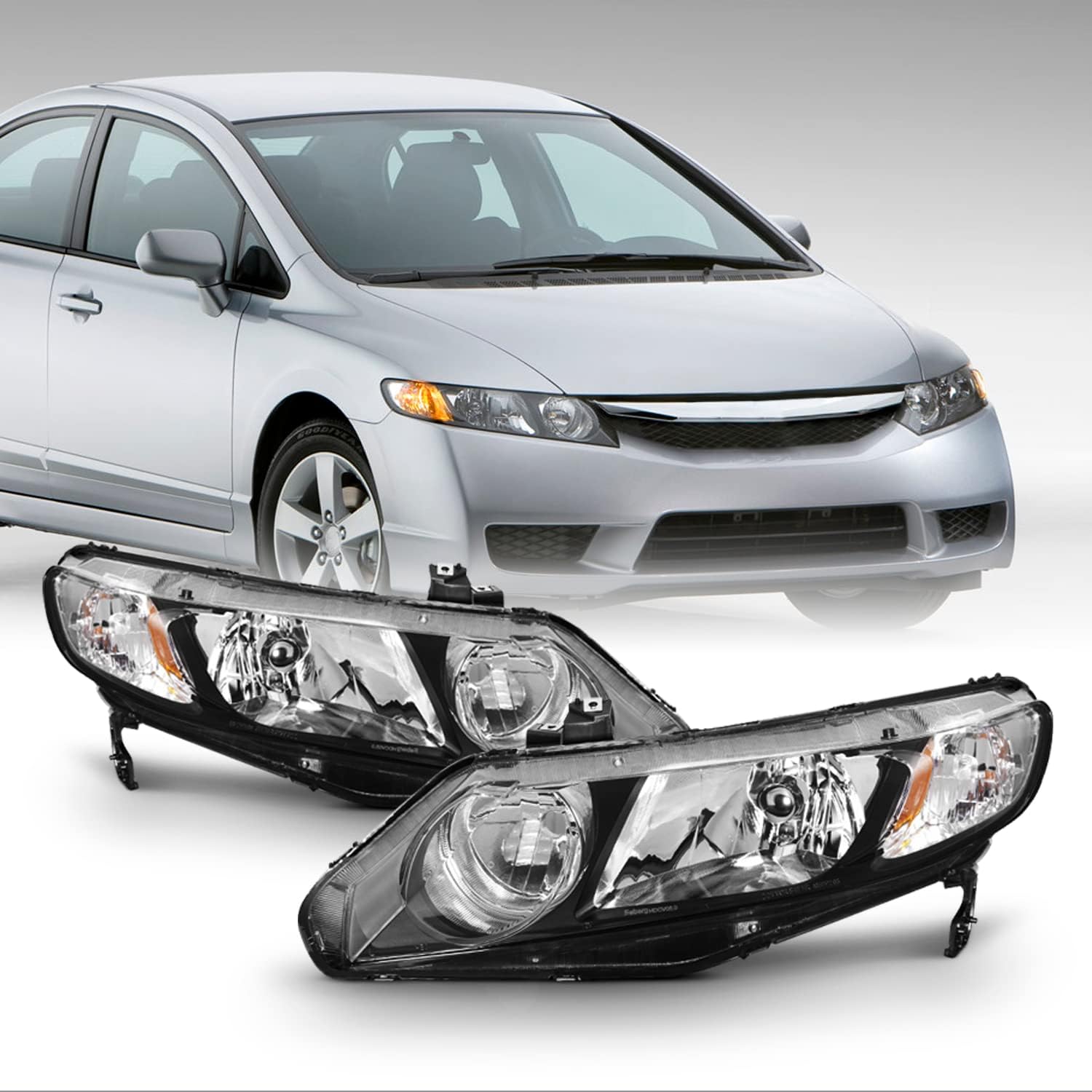 Pair Of Replacement Headlights For 2006-2011 Honda Civic 4-Door Sedan - Left & Right