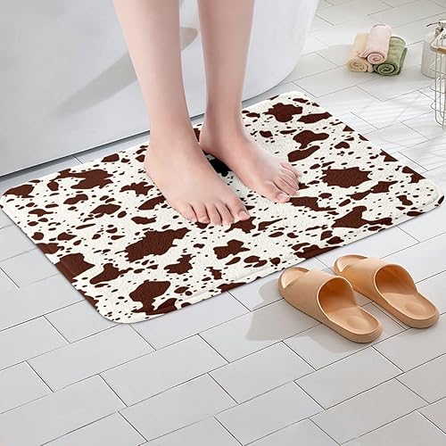 Miniatura 2 de Tapete de baño con estampado de piel de vaca, 40 x 60 pulgadas, piel de vaca blanca y marrón, fuerte absorción de agua, toalla con estampado de piel